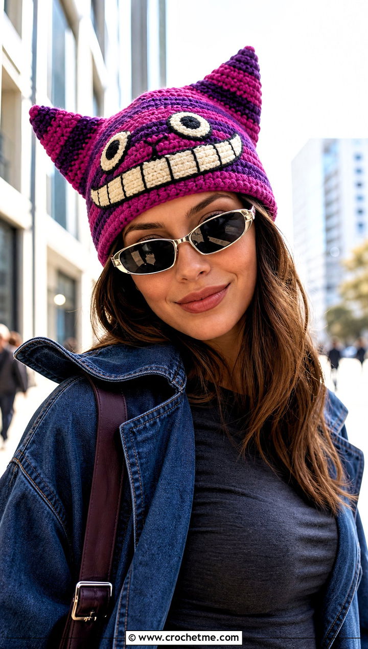 Cheshire Cat Striped Beanie With Denim Trench - 25 Crochet Disney Beanie outfit ideas