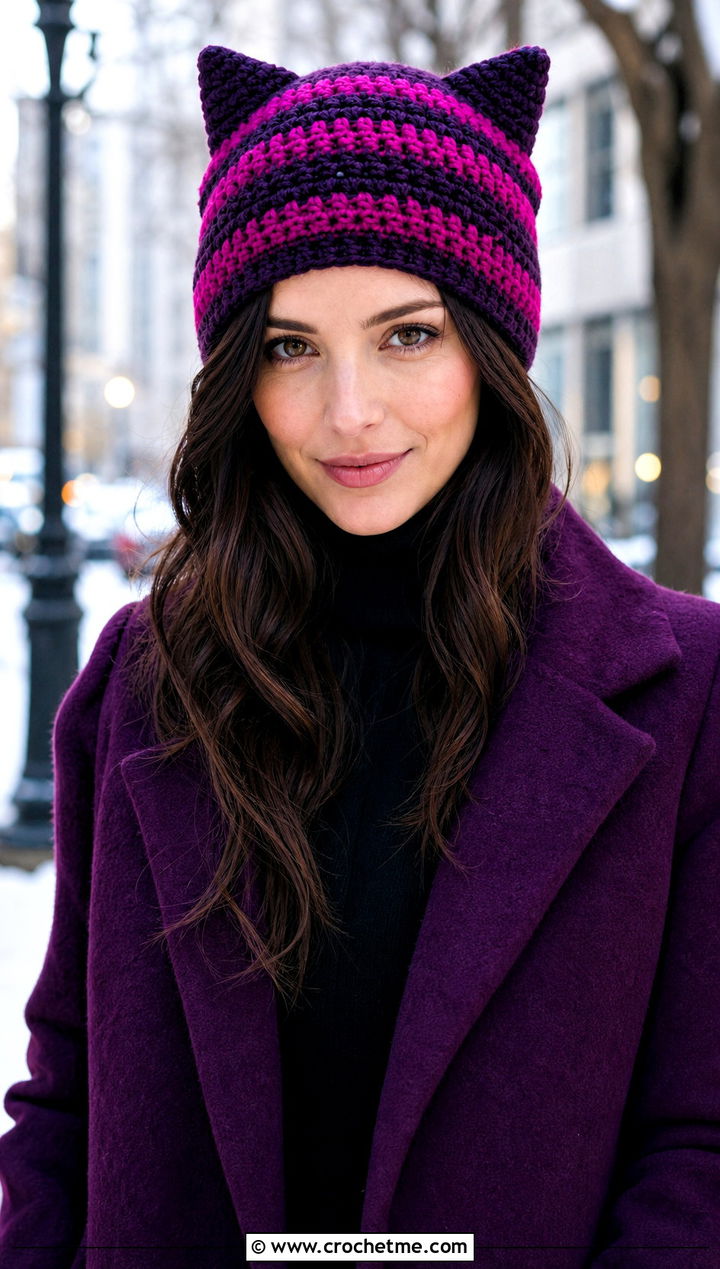 Cheshire Cat Striped Beanie With Purple Coat - 30 disney crochet hat outfit ideas