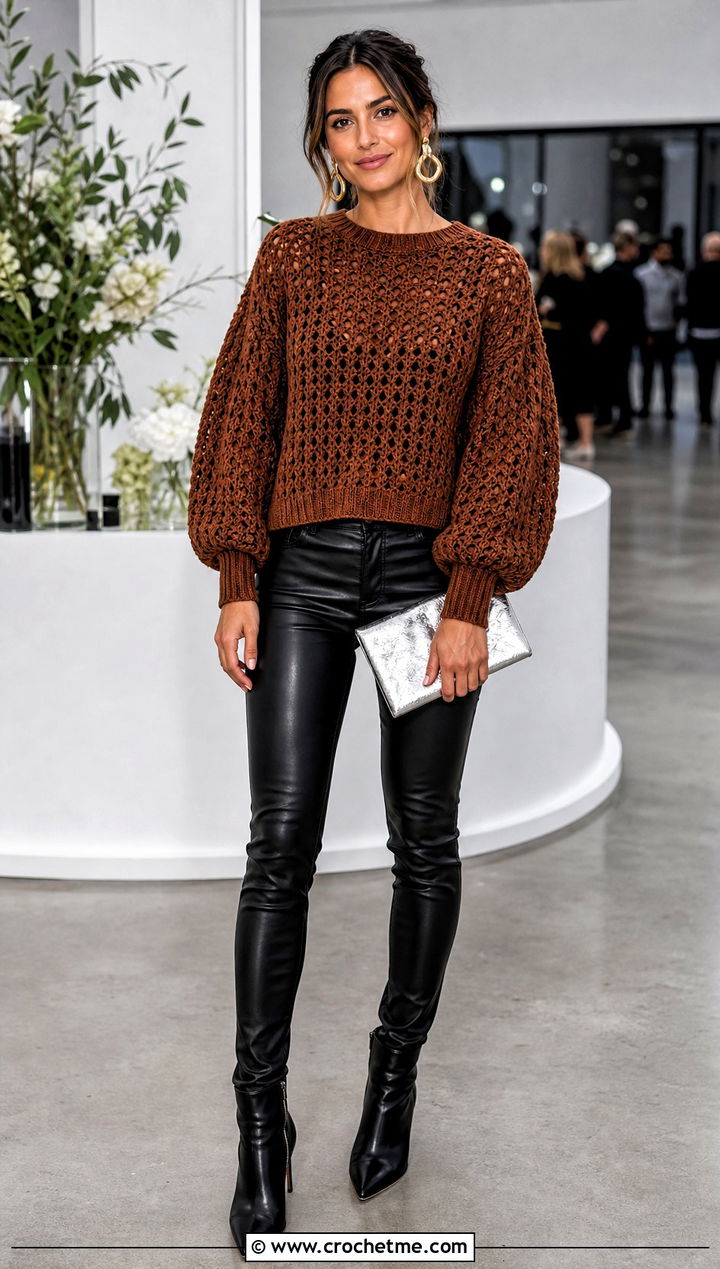 Chestnut Balloon Sleeve Crochet Sweater With Leather Pants - 15 Brown Crochet Sweater Design outfit ideas