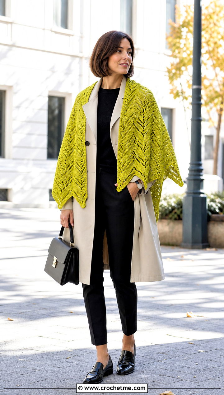 Chevron Bat Wing Crochet Shawl With Trench Coat - 25 bat wing crochet shawl outfit ideas