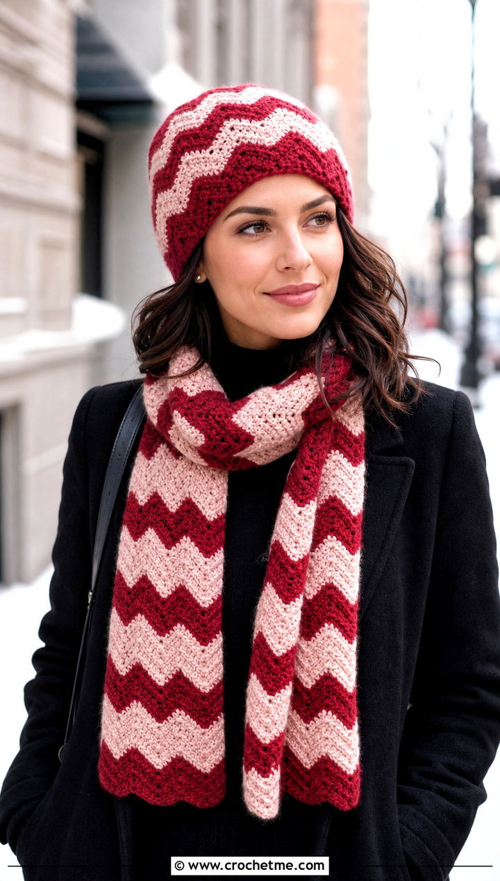 Chevron Beanie And Scarf Set With Sweater Dress - 25 Crochet Scarf And Hat Set outfit ideas
