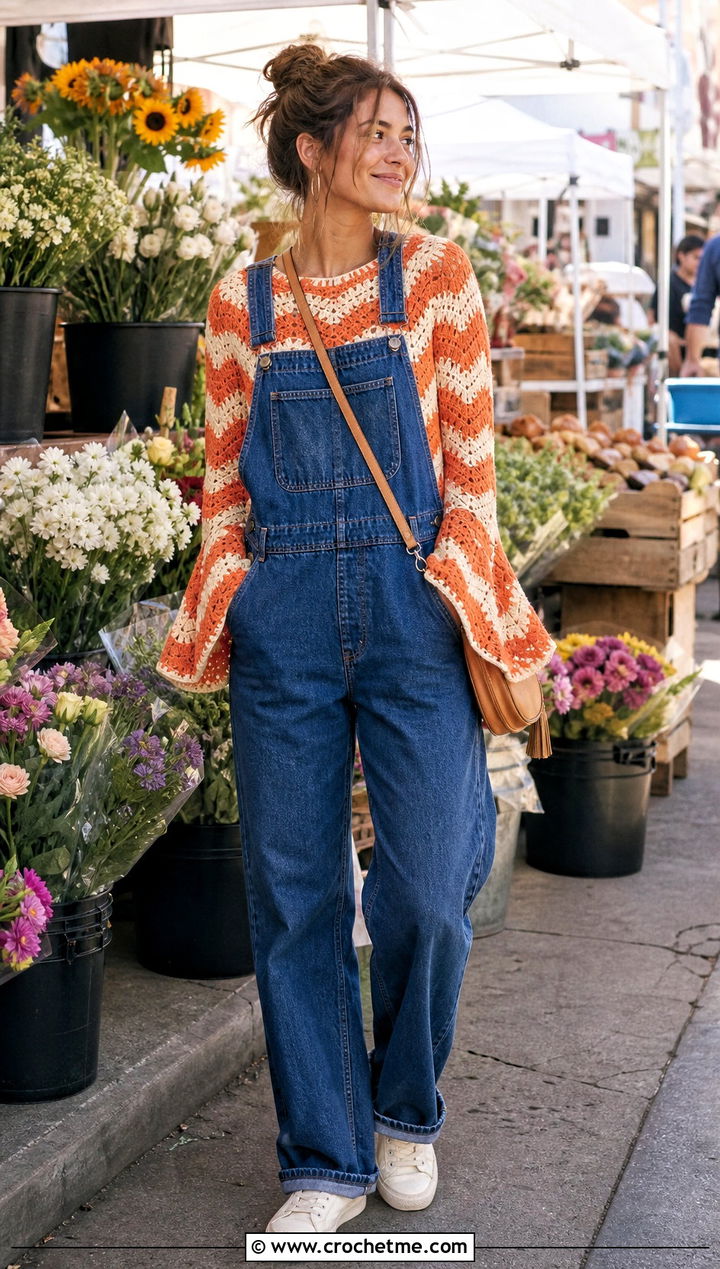 Chevron Bell Sleeve Crochet Sweater With Denim Overalls - 25 crochet sweater bell sleeves outfit ideas