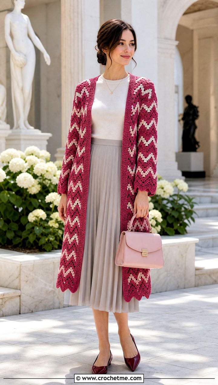 Chevron Blanket Crochet Cardigan With Pleated Midi Skirt - 25 blanket crochet cardigan outfit ideas