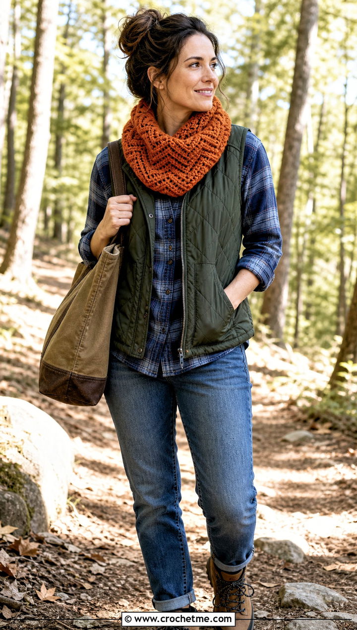 Chevron Bulky Crochet Cowl With Quilted Vest - 20 Bulky Crochet Cowl outfit ideas