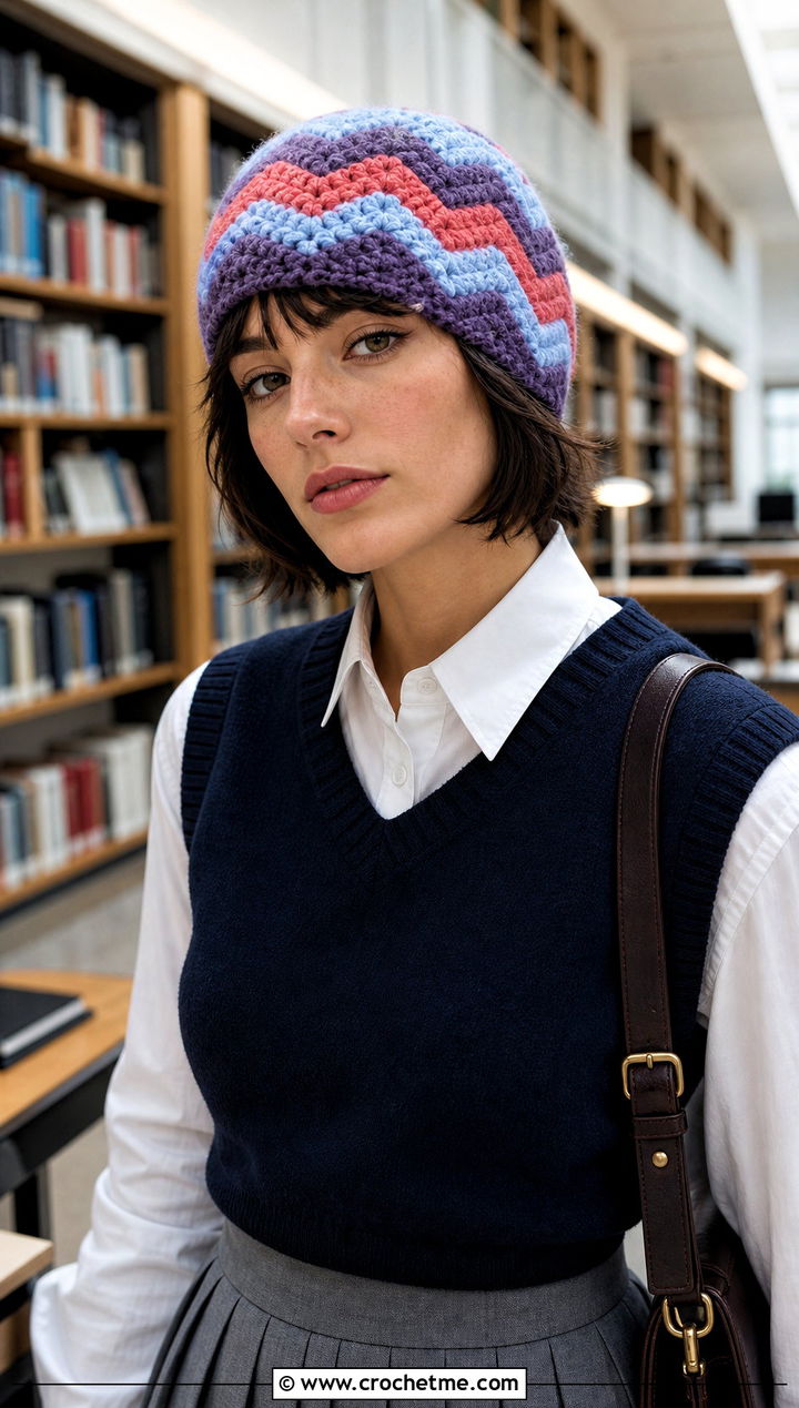 Chevron Bulky Yarn Crochet Beanie With Sweater Vest - 30 bulky yarn crochet beanie outfit ideas