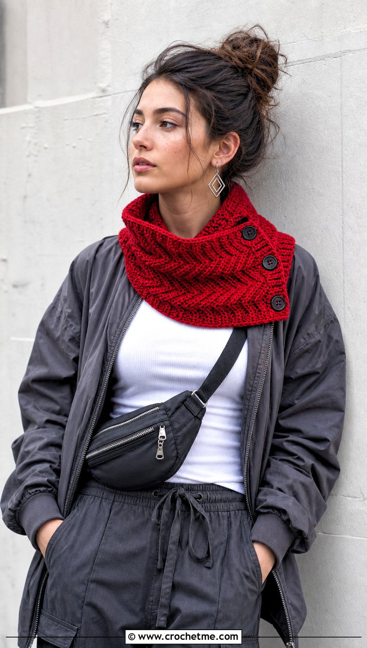 Chevron Button Cowl With Bomber Jacket And Cargo Pants - 25 crochet button cowl outfit ideas