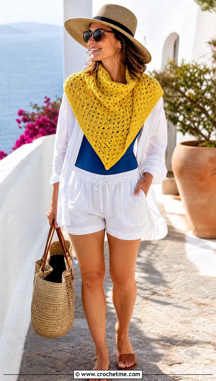 Chevron C C Triangle Scarf With Swimsuit And Linen Shirt - 35 c2c crochet scarf outfit ideas