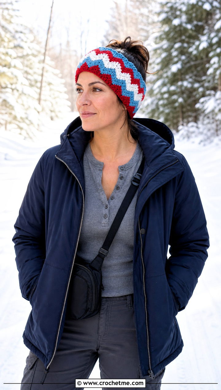 Chevron Chunky Crochet Ear Warmer With Parka - 30 chunky crochet ear warmer outfit ideas