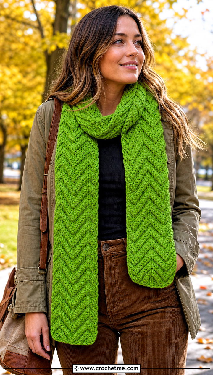 Chevron Chunky Crochet Scarf With Utility Jacket - 15 Crochet Scarves Chunky Yarn outfit ideas