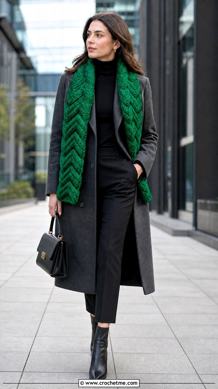Chevron Chunky Crochet Scarf With Wool Coat - 35 chunky crochet scarf outfit ideas