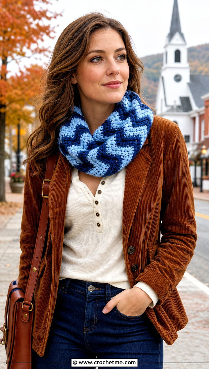 Chevron Chunky Yarn Crochet Cowl With Corduroy Jacket - 25 Chunky Yarn Crochet Cowl outfit ideas