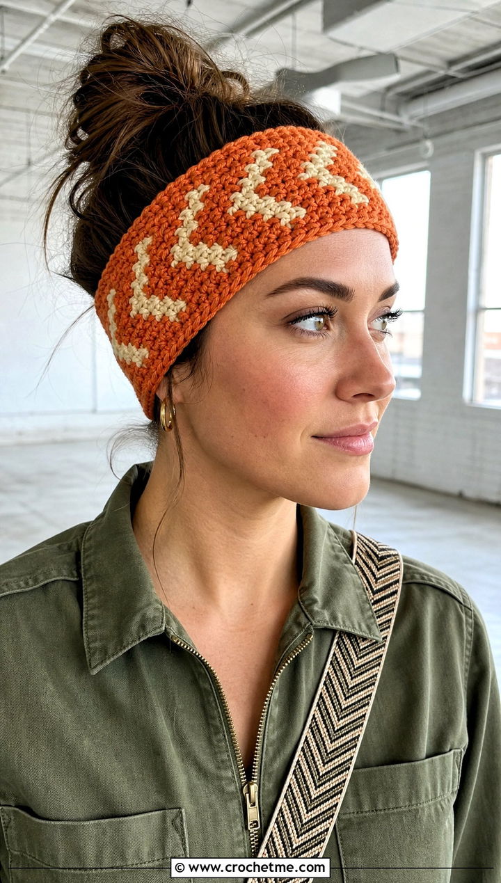 Chevron Cluster Elastic Crochet Headband With a Utility Jumpsuit - 25 Crochet Headbands With Elastic outfit ideas