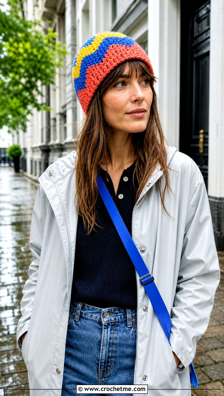 Chevron Color Block Crochet Beanie With Raincoat - 20 Color Block Crochet Beanie outfit ideas