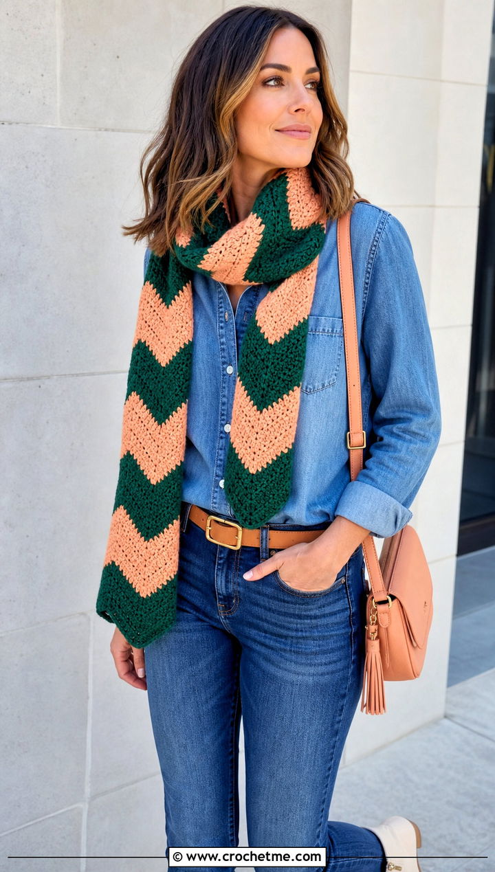Chevron Color Block Crochet Scarf With Denim Shirt - 25 Color Block Crochet Scarf outfit ideas