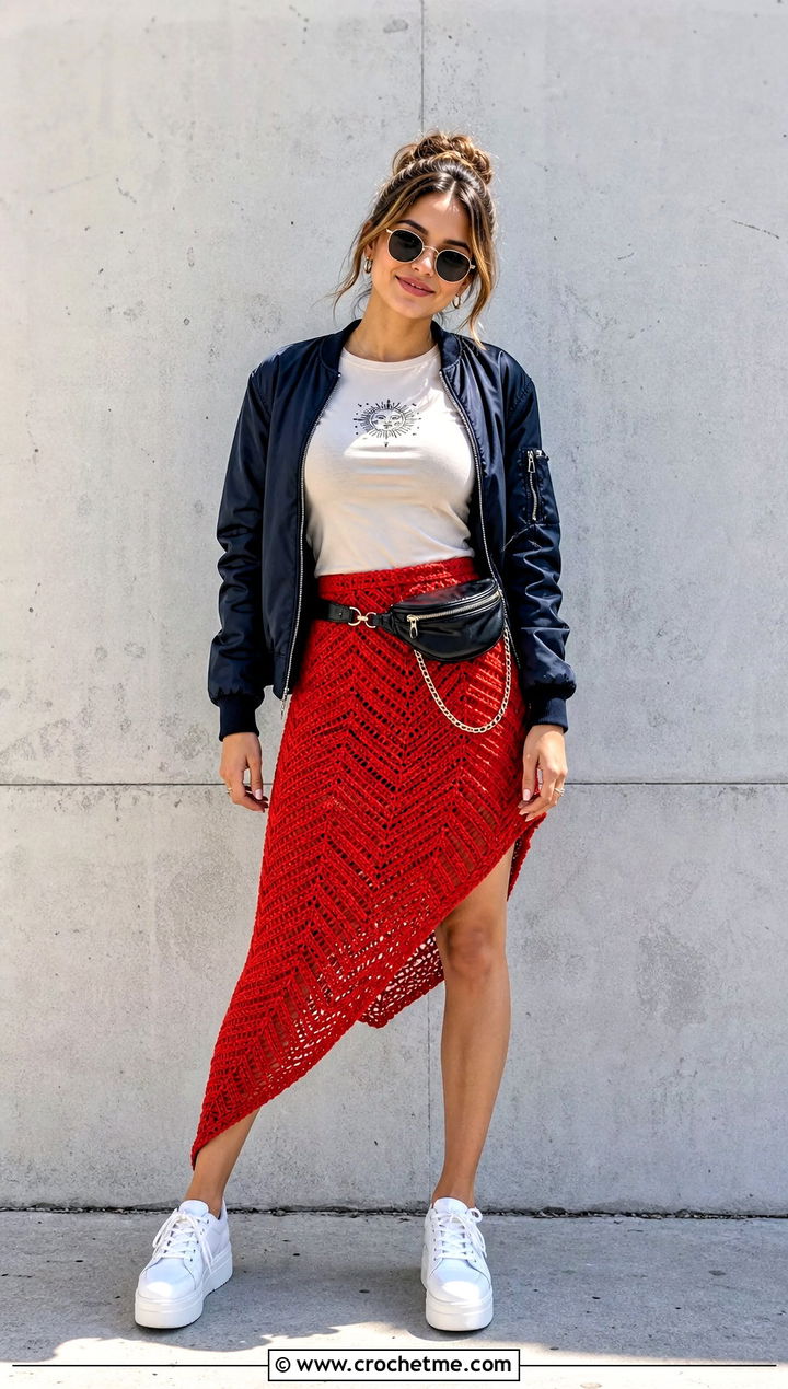 Chevron Crochet Asymmetrical Skirt With Graphic Tee - 30 Crochet Asymmetrical Skirt outfit ideas