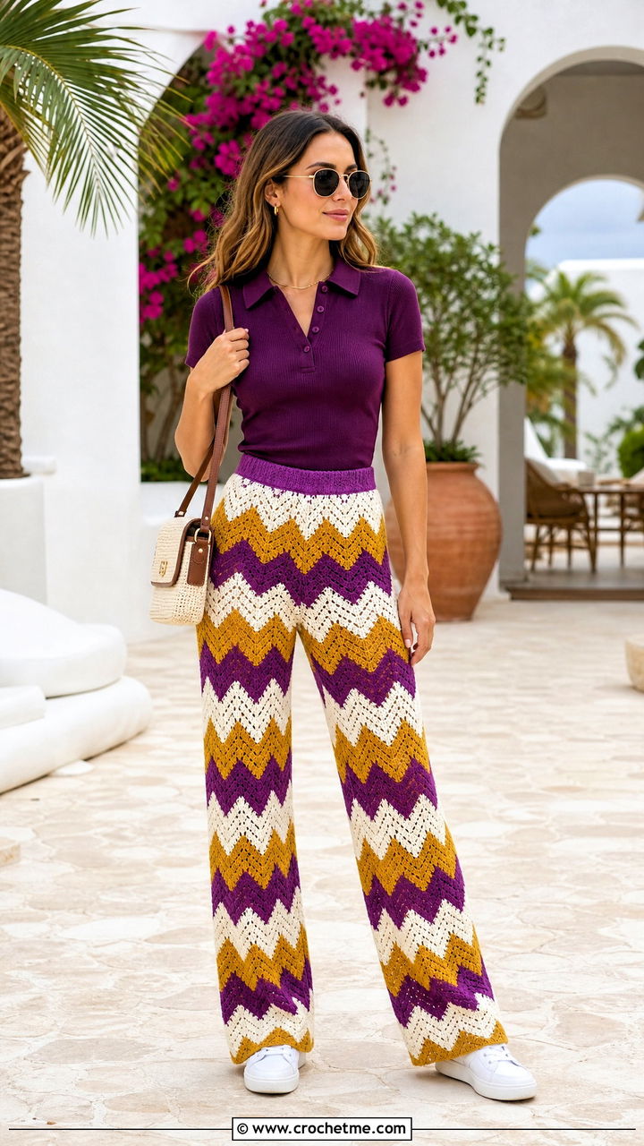 Chevron Crochet Beach Pants With Polo Shirt - 35 crochet beach pants outfit ideas