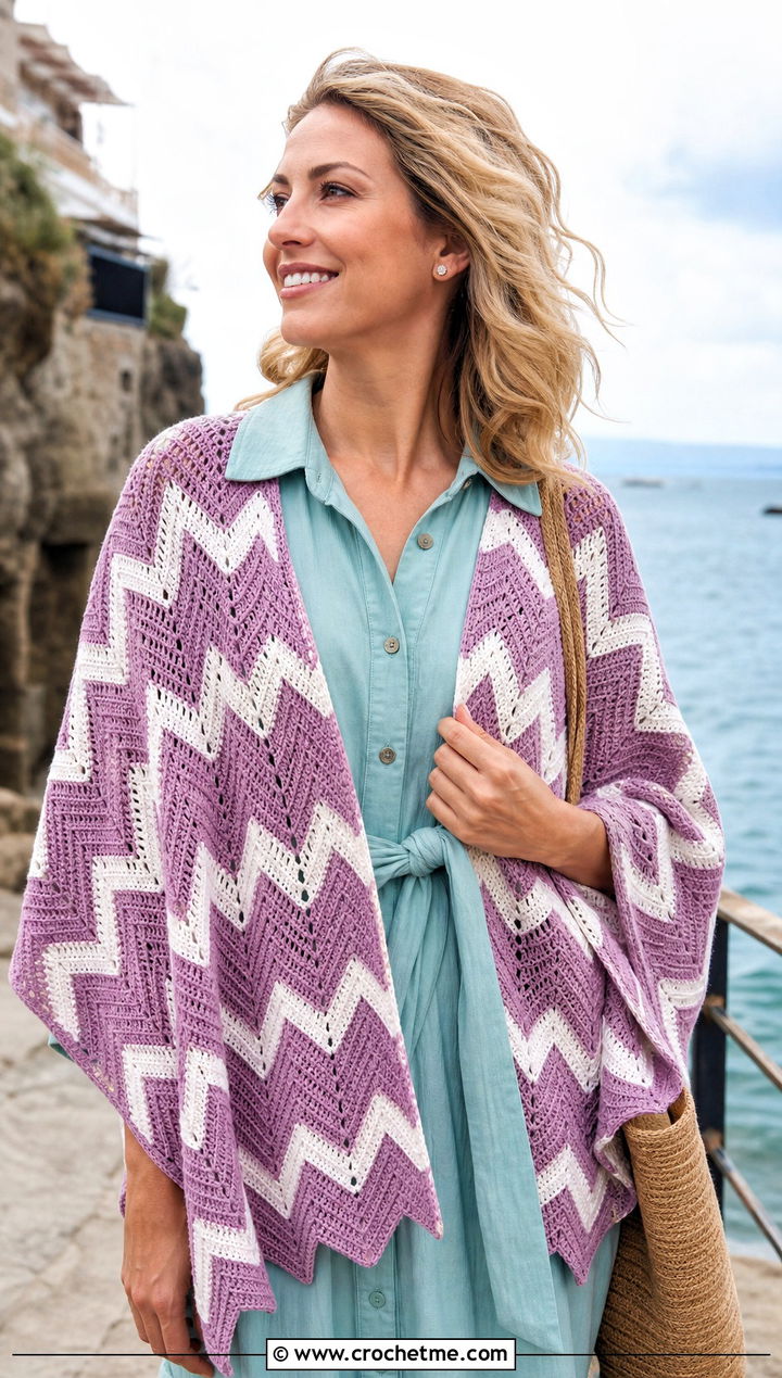 Chevron Crochet Beach Shawl With Shirt Dress - 25 crochet beach shawl outfit ideas