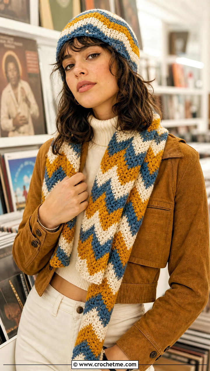 Chevron Crochet Beanie And Scarf Set With Flared Jeans - 30 crochet beanie and scarf set outfit ideas