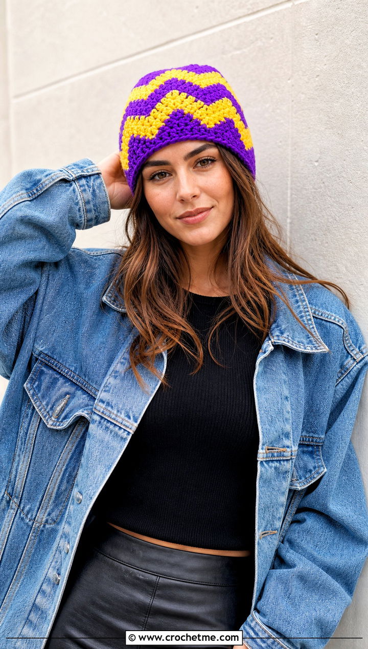 Chevron Crochet Beanie With Denim Jacket And Leather Skirt - 30 two color crochet beanie outfit ideas
