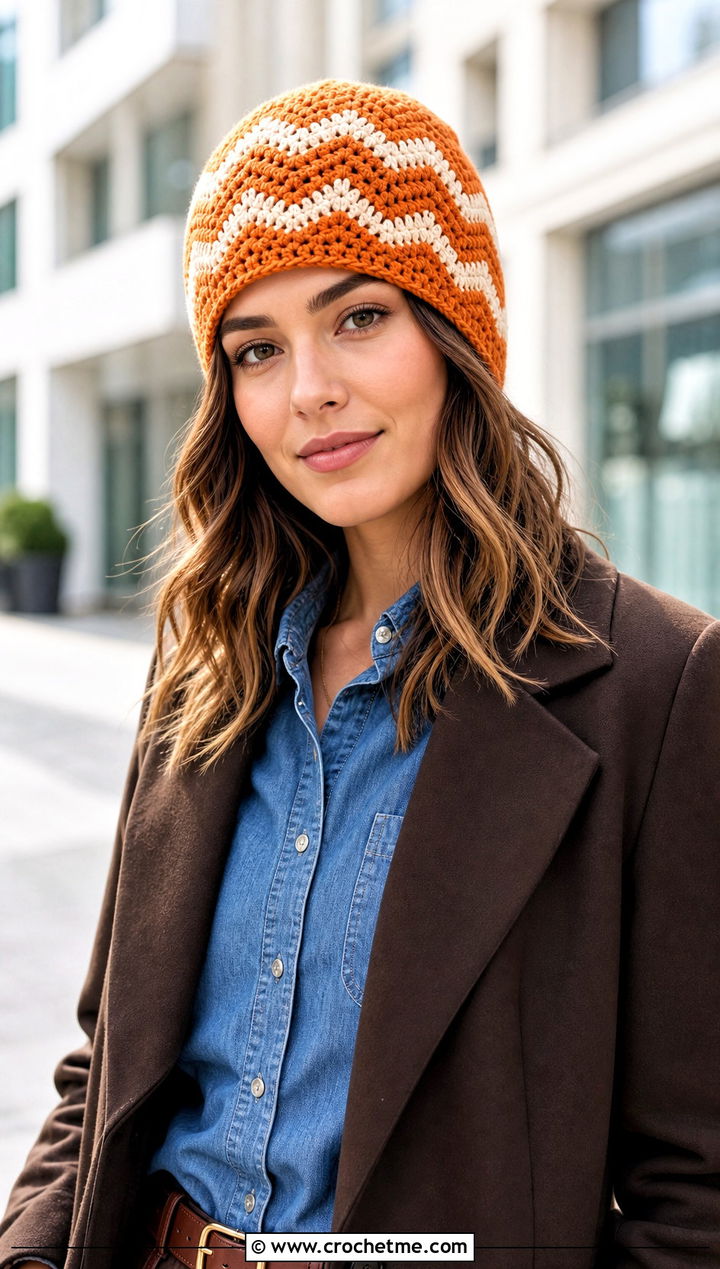 Chevron Crochet Beanie With Denim Shirt And Trousers - 35 basic crochet beanie outfit ideas