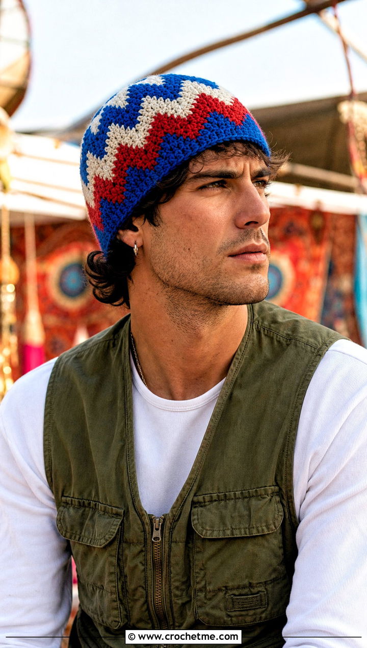 Chevron Crochet Beanie With Utility Vest - 30 mens crochet hats men's beanie outfit ideas