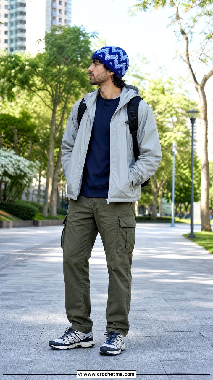 Chevron Crochet Beanie With Windbreaker - 35 men's crochet beanie outfit ideas