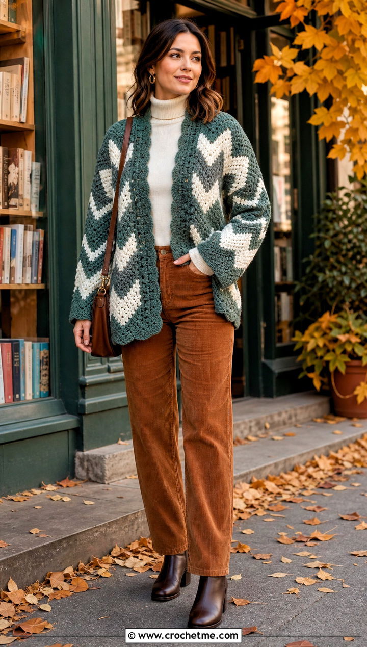 Chevron Crochet Bed Jacket With Corduroy Pants - 25 Crochet Bed Jackets outfit ideas