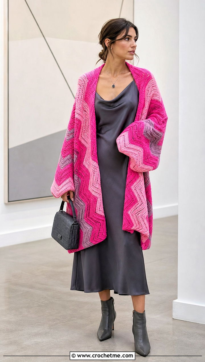 Chevron Crochet Blanket Jacket With A Satin Slip Dress - 25 crochet blanket jacket outfit ideas