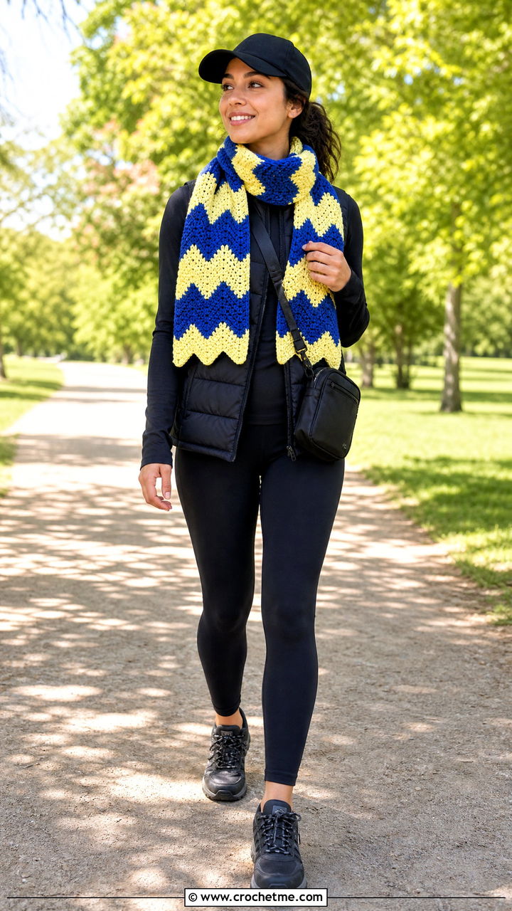 Chevron Crochet Blanket Scarf With Puffer Vest - 35 crochet blanket scarf outfit ideas