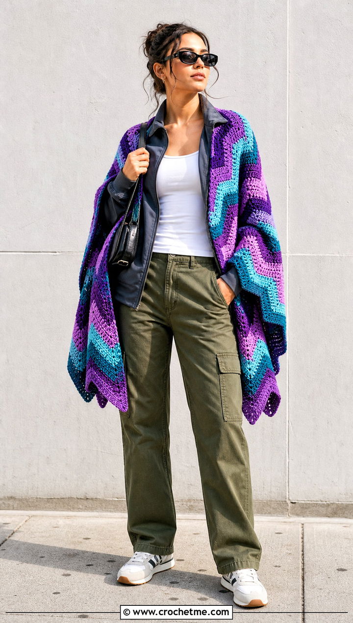 Chevron Crochet Blanket Shawl With Cargo Pants - 30 crochet blanket shawl outfit ideas