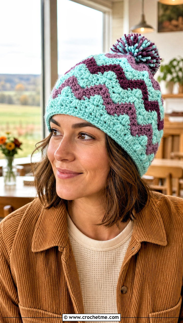 Chevron Crochet Bobble Hat With Corduroy Overshirt - 30 crochet bobble hat outfit ideas