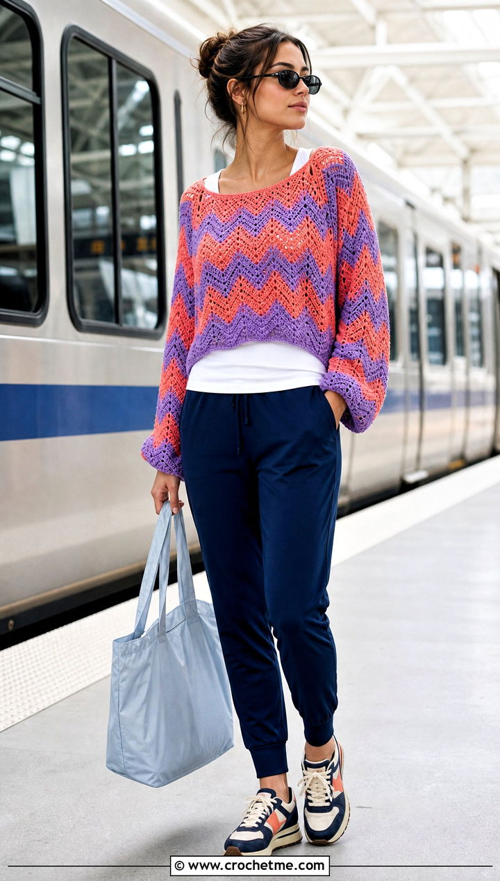 Chevron Crochet Boho Sweater With Track Pants - 30 crochet boho sweater outfit ideas