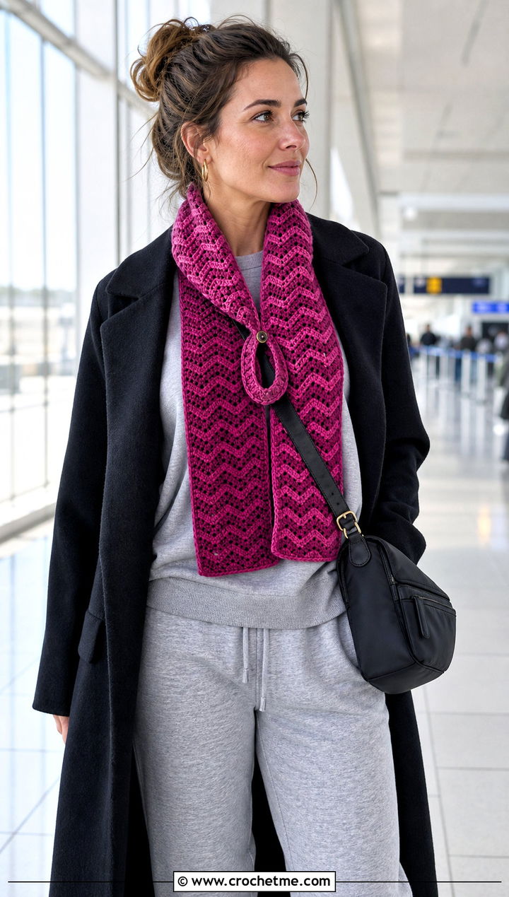 Chevron Crochet Button Hole Scarf With Sweatshirt And Joggers - 15 Crochet Button Hole Scarf outfit ideas