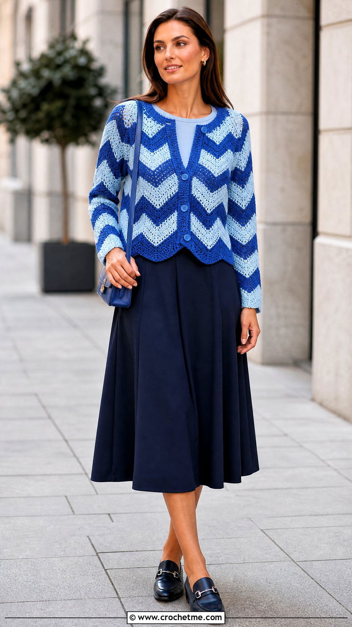 Chevron Crochet Cardigan With A Line Skirt - 35 crocheted cardigan outfit ideas