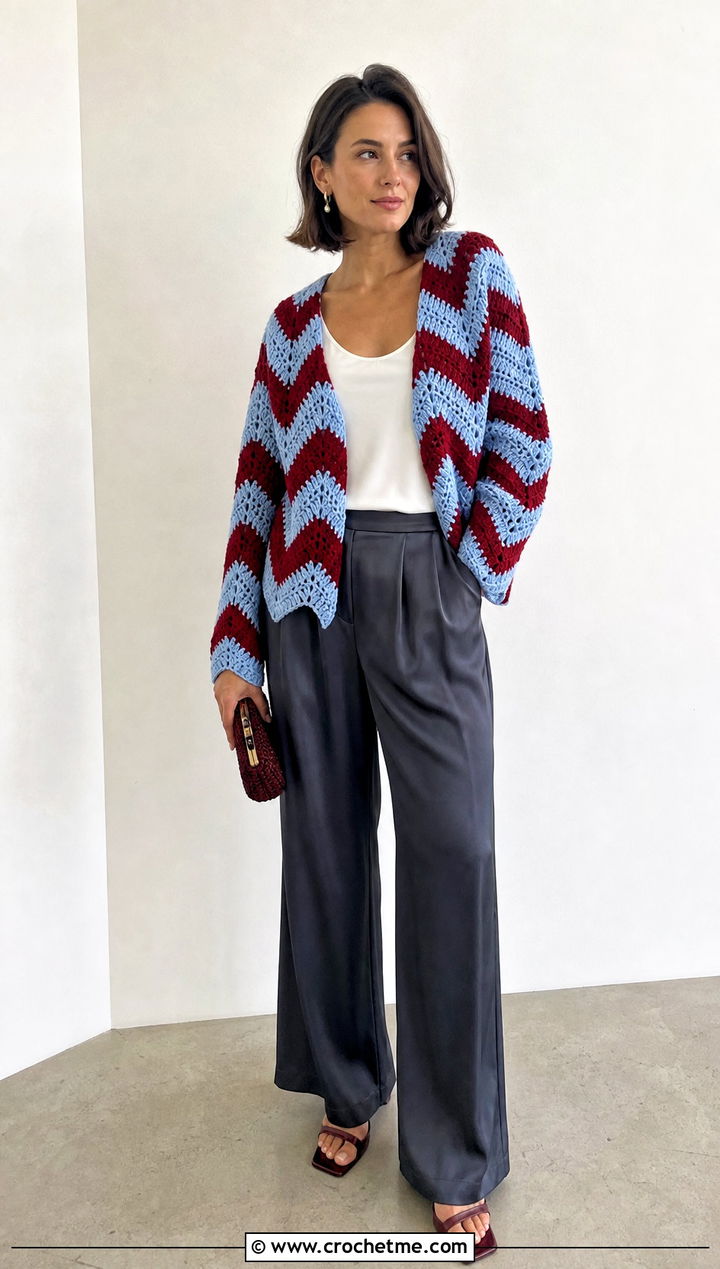 Chevron Crochet Cardigan With Satin Trousers - 30 two color crochet cardigan outfit ideas