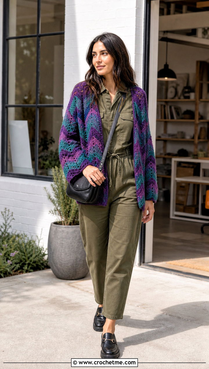 Chevron Crochet Cardigan With Utility Jumpsuit - 30 crochet cardigan design outfit ideas