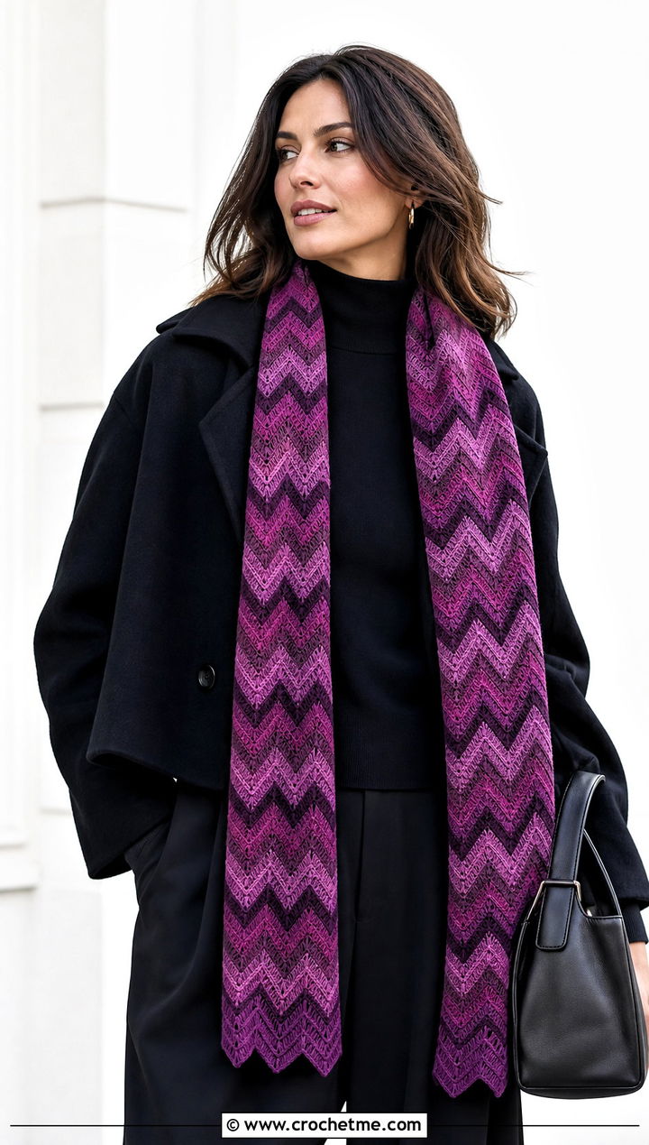 Chevron Crochet Cashmere Scarf With Monochrome Black Outfit - 25 crochet cashmere scarf outfit ideas