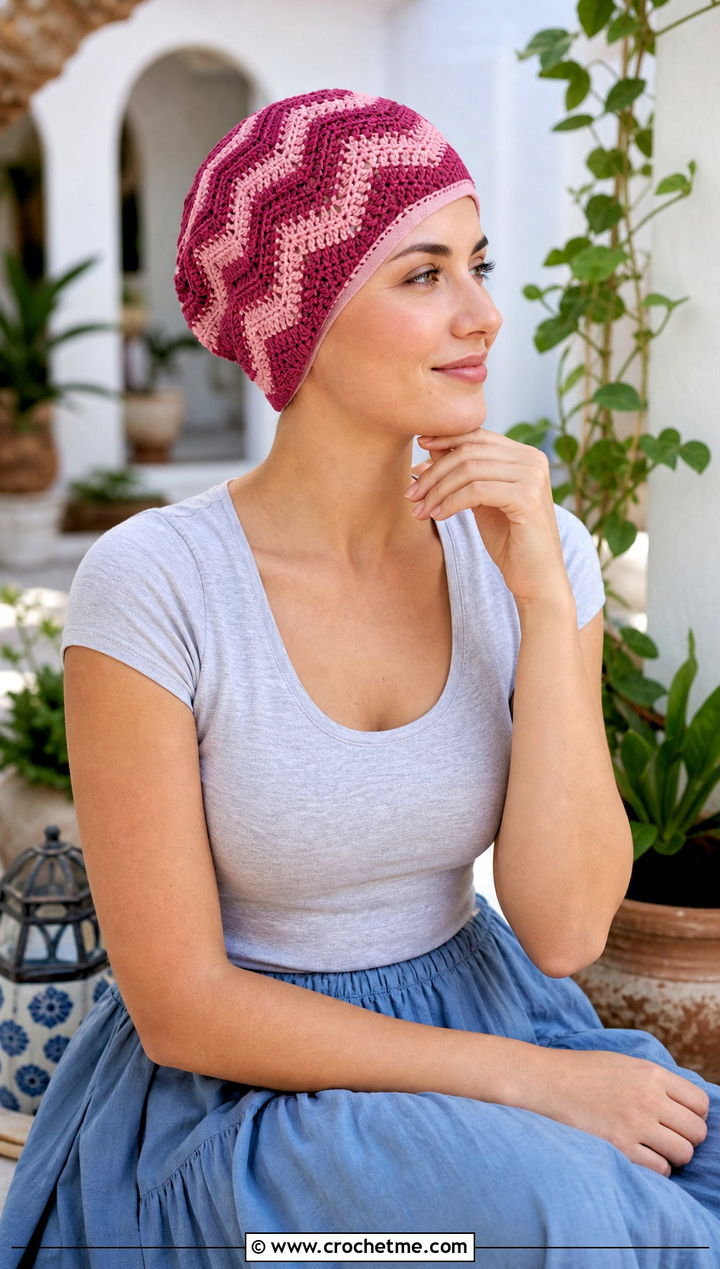 Chevron Crochet Chemo Cap With Maxi Skirt - 20 Crochet Summer Chemo Caps outfit ideas