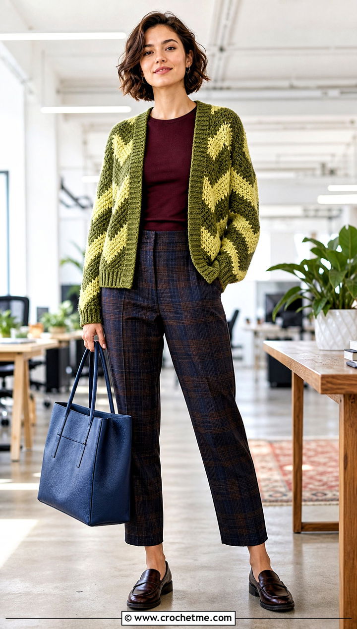 Chevron Crochet Chenille Cardigan With Plaid Trousers - 30 crochet chenille cardigan outfit ideas