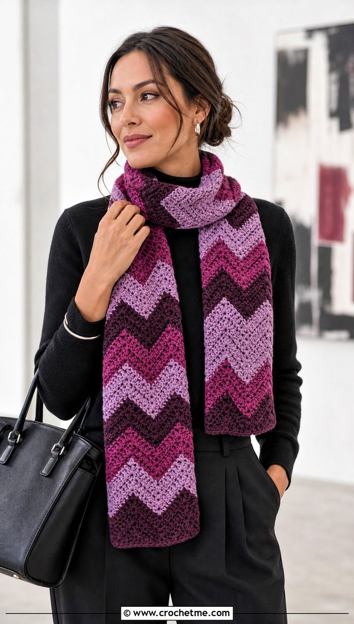 Chevron Crochet Chenille Scarf With Monochrome Outfit - 25 crochet chenille scarf outfit ideas
