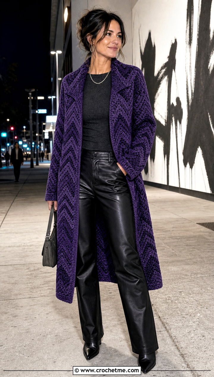 Chevron Crochet Coat With Leather Pants - 25 Crochet Coat For Women outfit ideas