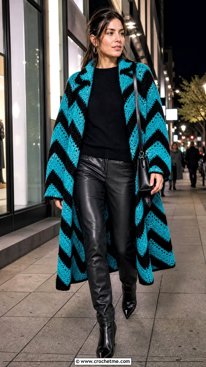 Chevron Crochet Coat With Leather Pants - 35 crochet coats outfit ideas