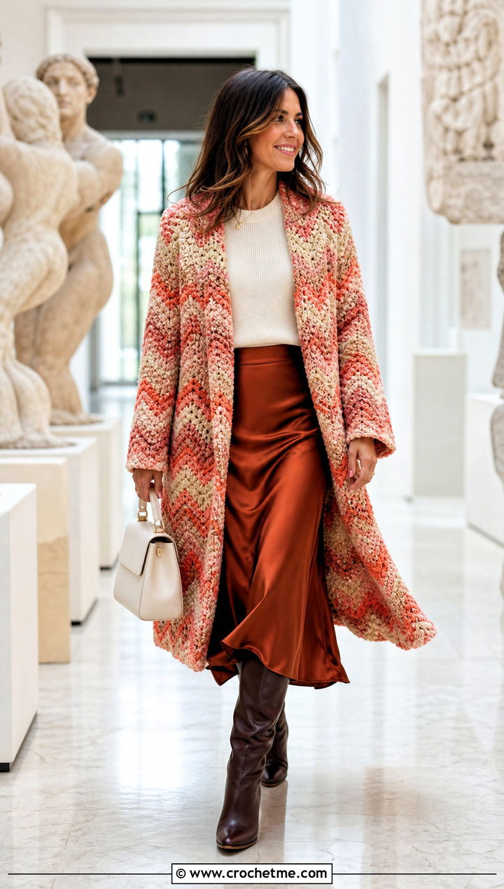 Chevron Crochet Coat With Satin Midi Skirt - 30 women crochet coat outfit ideas