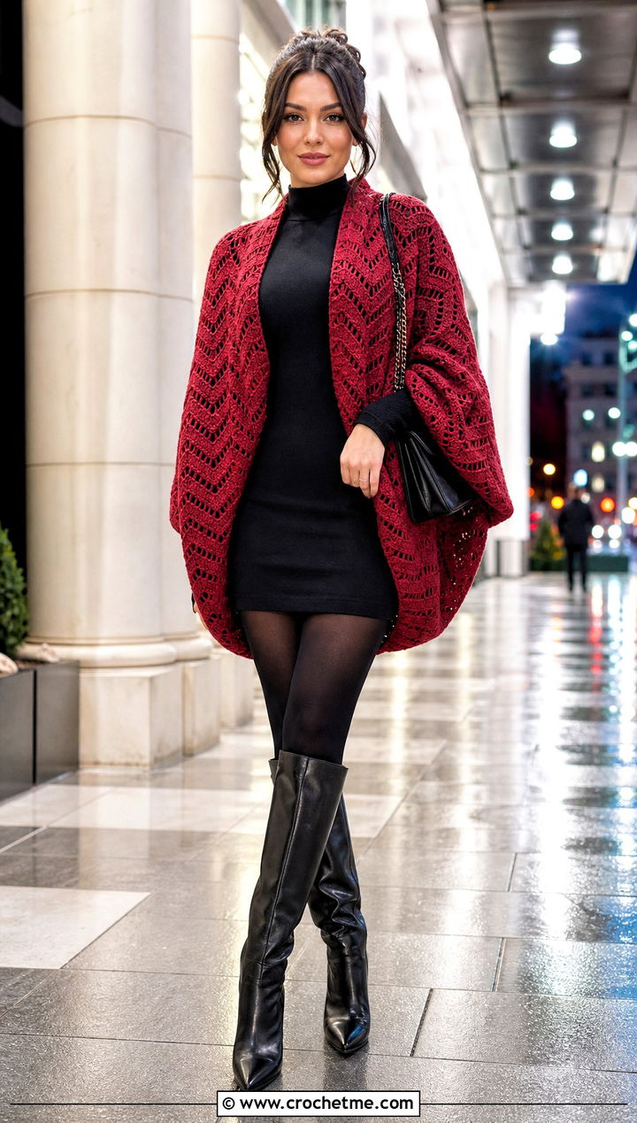 Chevron Crochet Cocoon Shrug With Black Mini Dress - 25 Easy Crochet Cocoon Shrug outfit ideas