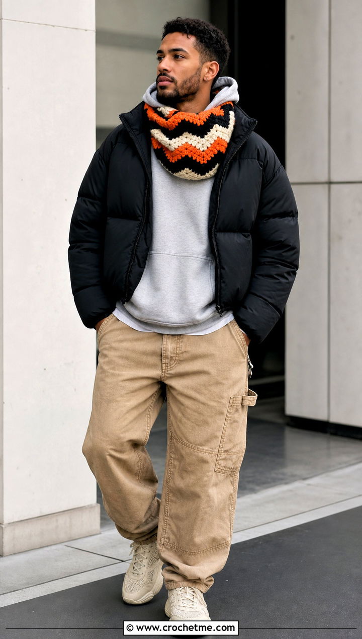 Chevron Crochet Cowl With Streetwear Outfit - 30 crochet cowl for men outfit ideas