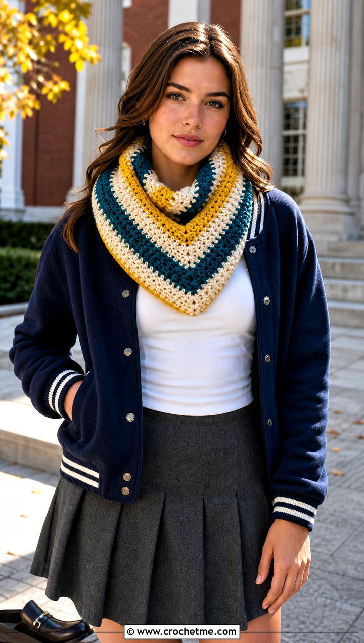 Chevron Crochet Cowl With Varsity Jacket And Pleated Skirt - 35 crochet neck warmer cowls outfit ideas