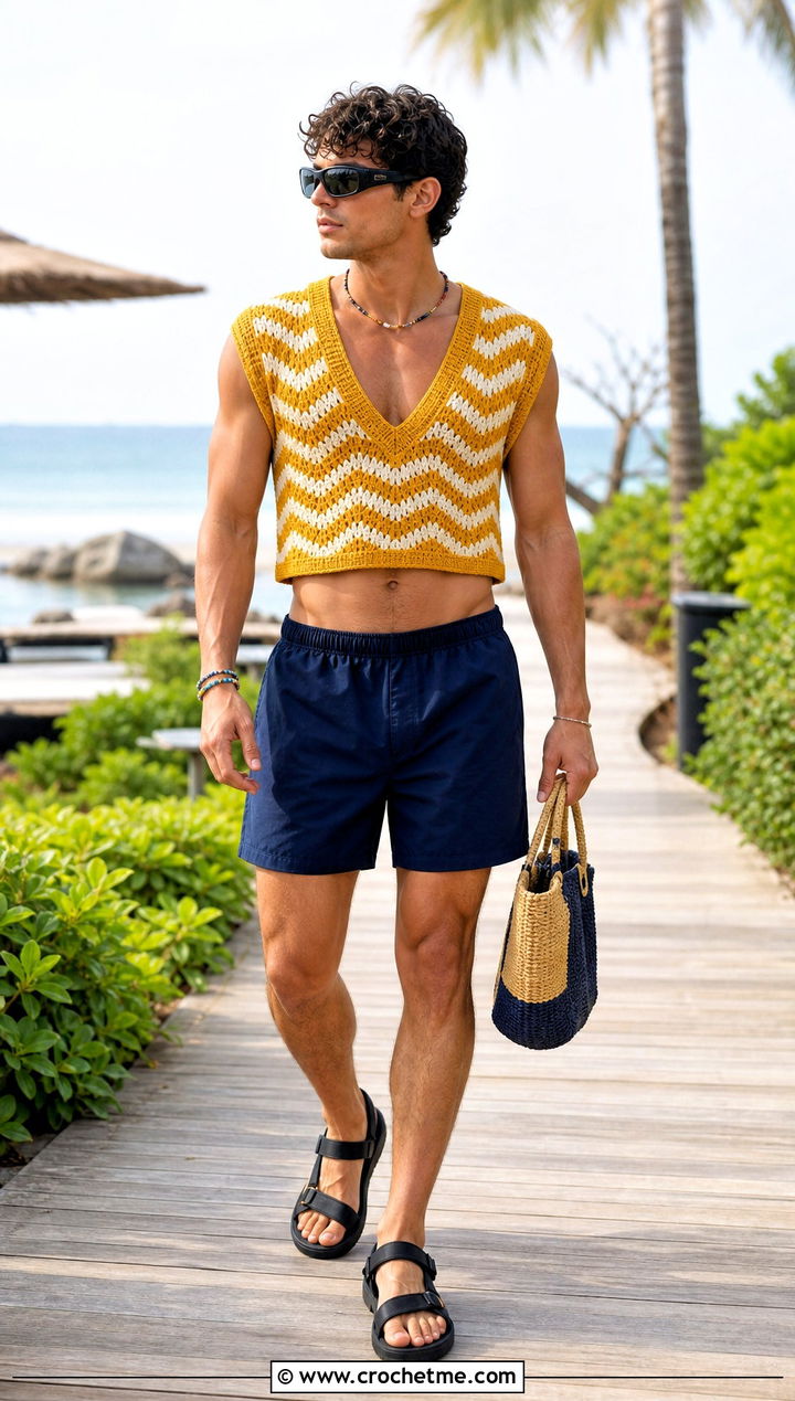 Chevron Crochet Crop Top With Board Shorts - 25 Men Crochet Crop Top outfit ideas
