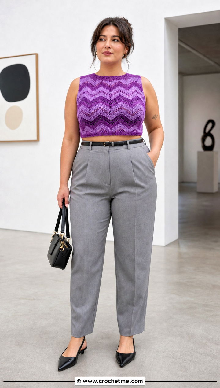 Chevron Crochet Crop Top With Tailored Trousers - 25 wavy crochet top outfit ideas