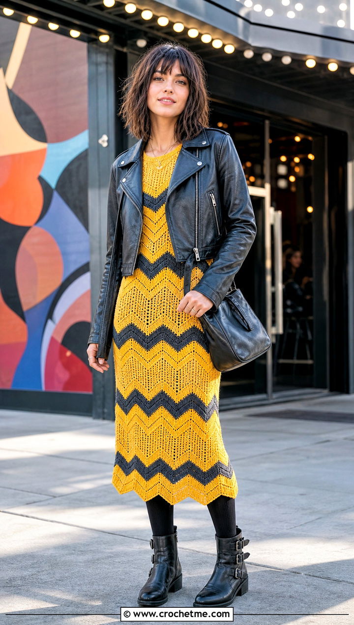 Chevron Crochet Dress With Moto Boots - 30 crochet dress for winter outfit ideas