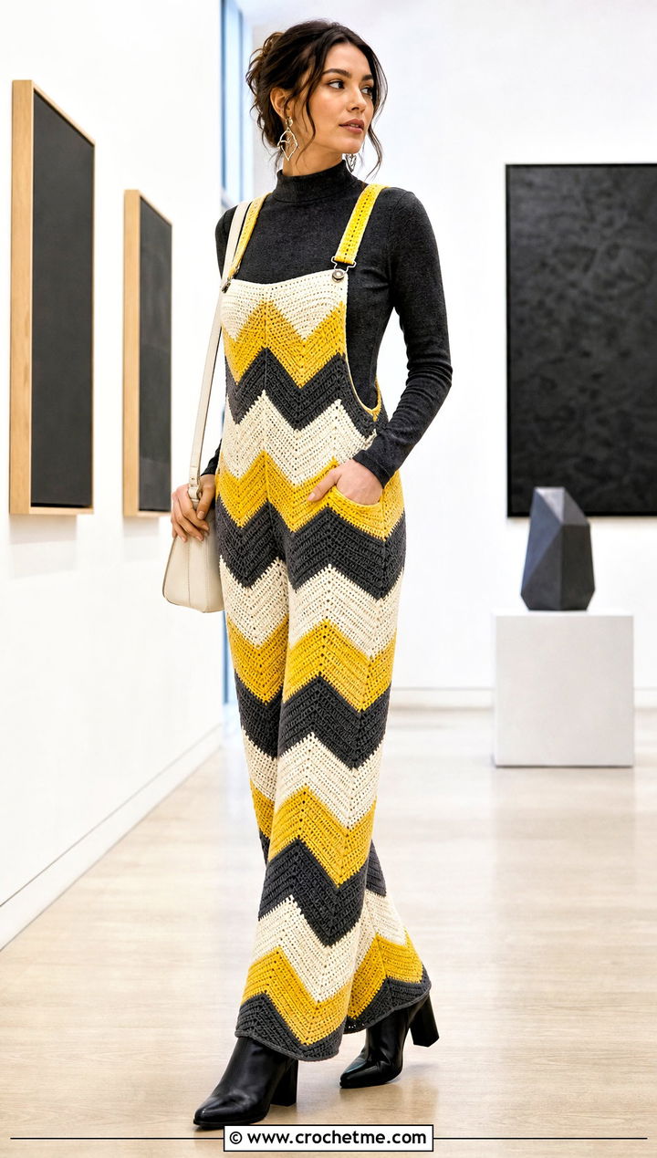 Chevron Crochet Dungarees With Mock Neck Top - 30 crochet dungarees outfit ideas